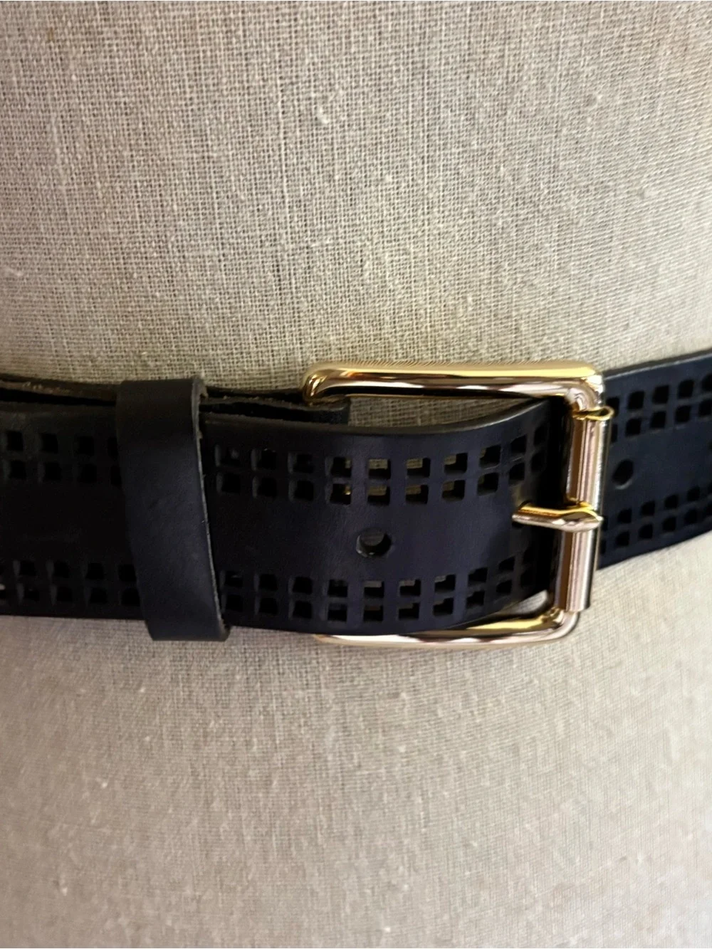 Cole Haan Black Leather Belt with Gold Logo Accent 5 Notches